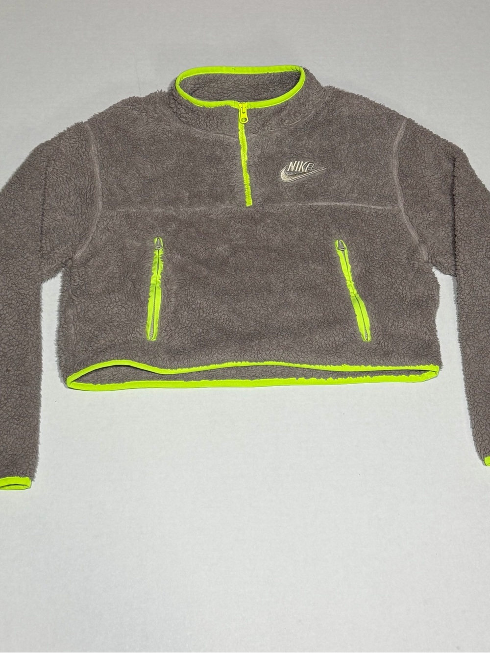 Nike Grey Sherpa Pullover with Neon Yellow/green Trim